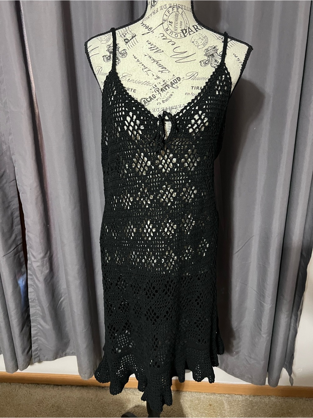 Aerie Black Knit Crochet Swim Cover Up Mini Dress Ruffle Hem Size Large